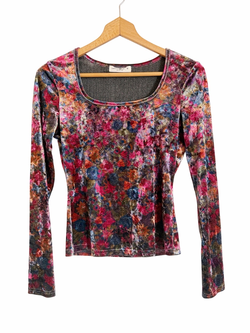 Natural Life Velvet Multi Floral Boho Fitted Long Sleeve Top size M